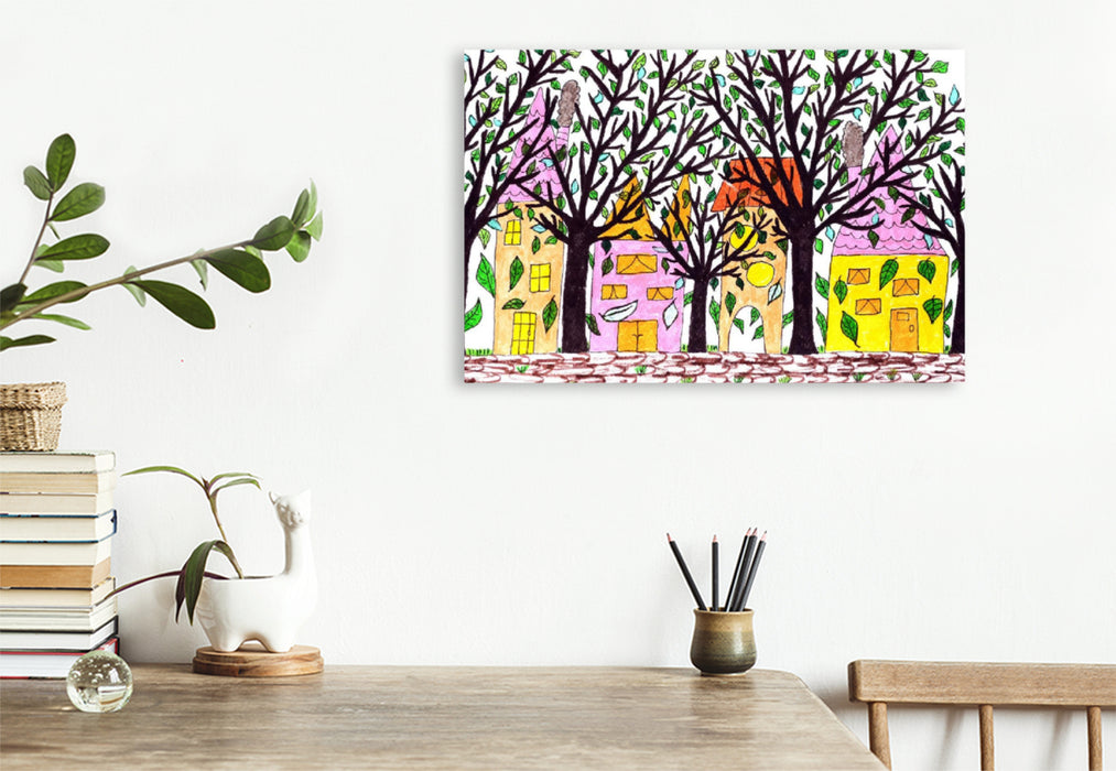 Premium textile canvas Premium textile canvas 120 cm x 80 cm landscape Fantasy trees in front of a row of houses 