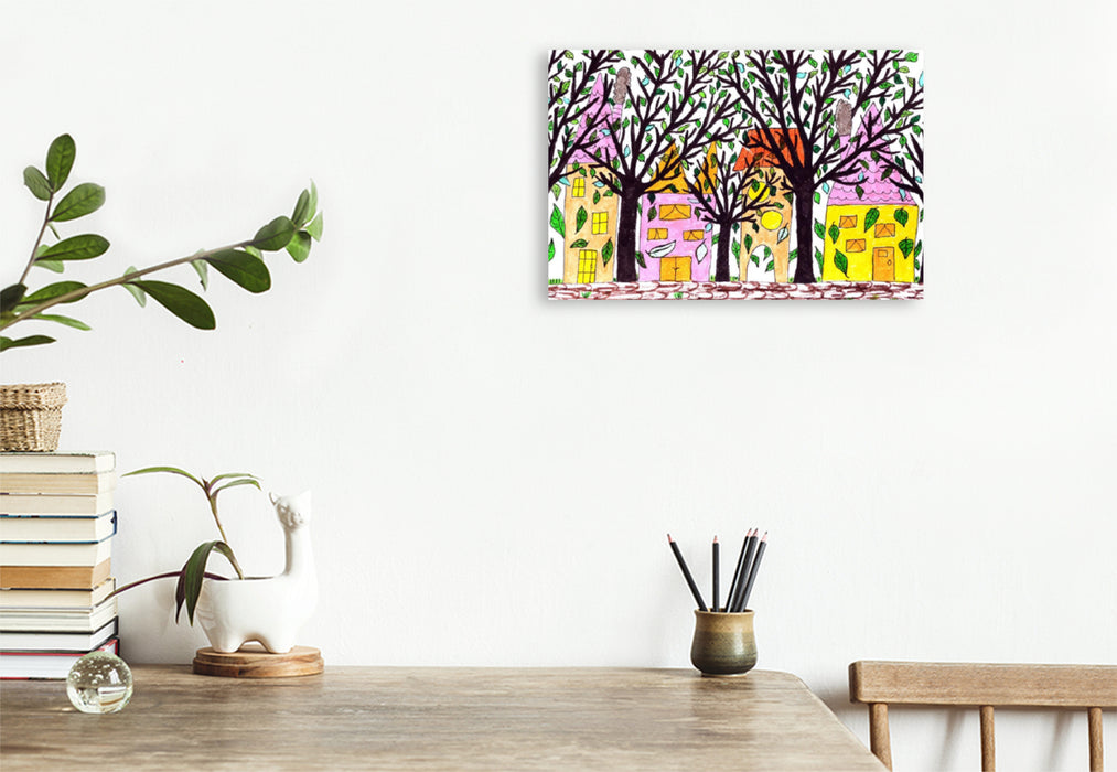 Premium textile canvas Premium textile canvas 120 cm x 80 cm landscape Fantasy trees in front of a row of houses 