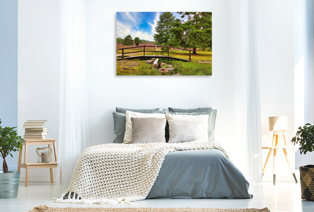 Premium textile canvas Premium textile canvas 120 cm x 80 cm landscape heathland with a bridge 