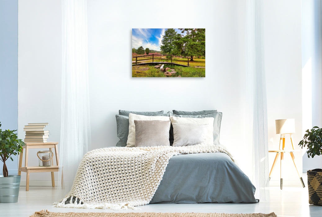 Premium textile canvas Premium textile canvas 120 cm x 80 cm landscape heathland with a bridge 