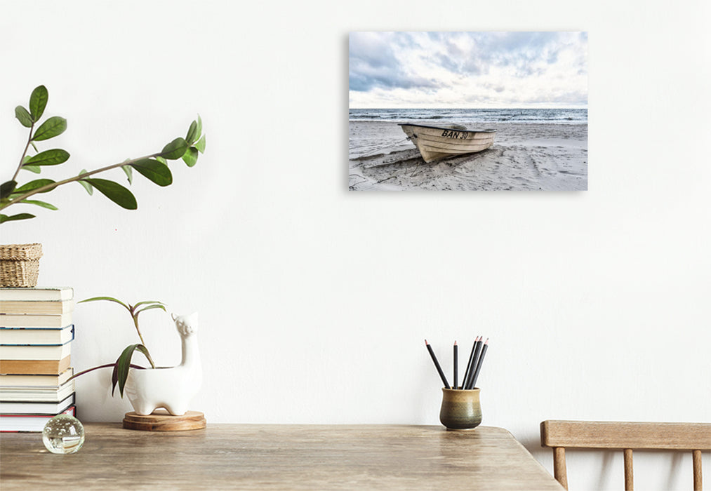 Premium textile canvas Premium textile canvas 120 cm x 80 cm landscape Boat on the beach in Heringsdorf on the island of Usedom 