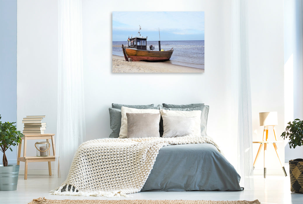 Premium textile canvas Premium textile canvas 120 cm x 80 cm landscape Fishing boat on the beach of Ahlbeck on the island of Usedom 