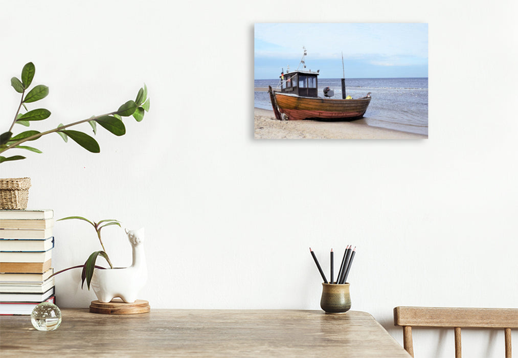 Premium textile canvas Premium textile canvas 120 cm x 80 cm landscape Fishing boat on the beach of Ahlbeck on the island of Usedom 