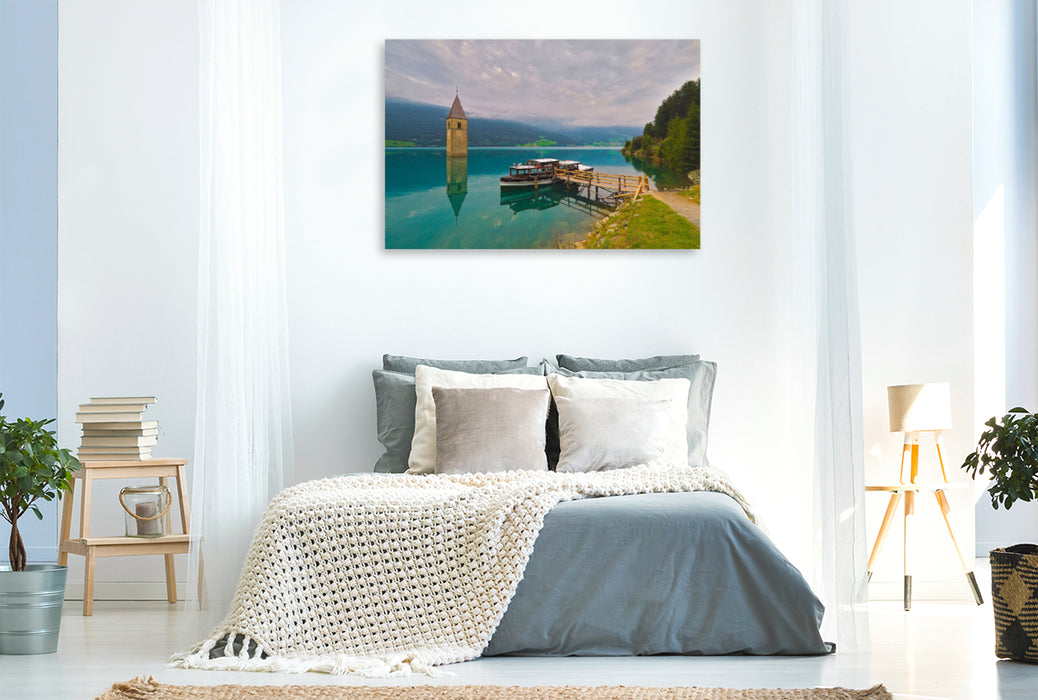 Premium textile canvas Premium textile canvas 120 cm x 80 cm across Lake Reschen 