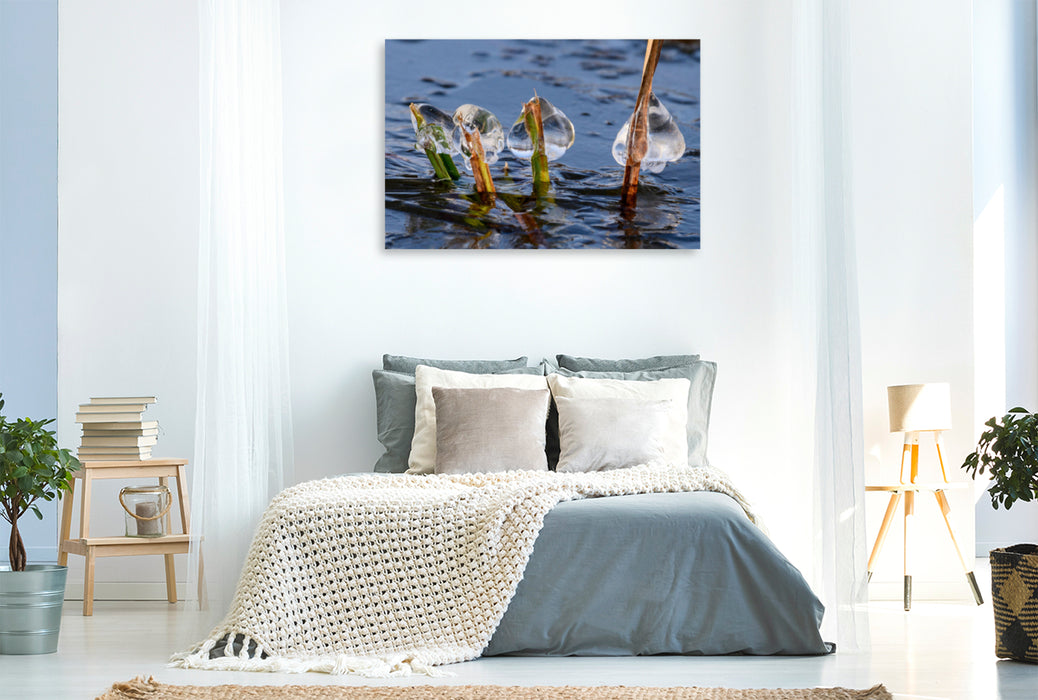 Premium textile canvas Premium textile canvas 120 cm x 80 cm landscape Crystal clear ice beads on a frozen lake 