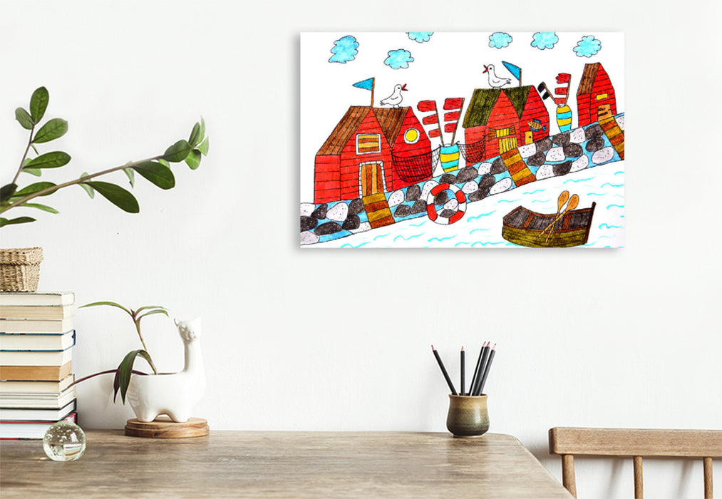 Premium textile canvas Premium textile canvas 120 cm x 80 cm landscape Red fishing huts 