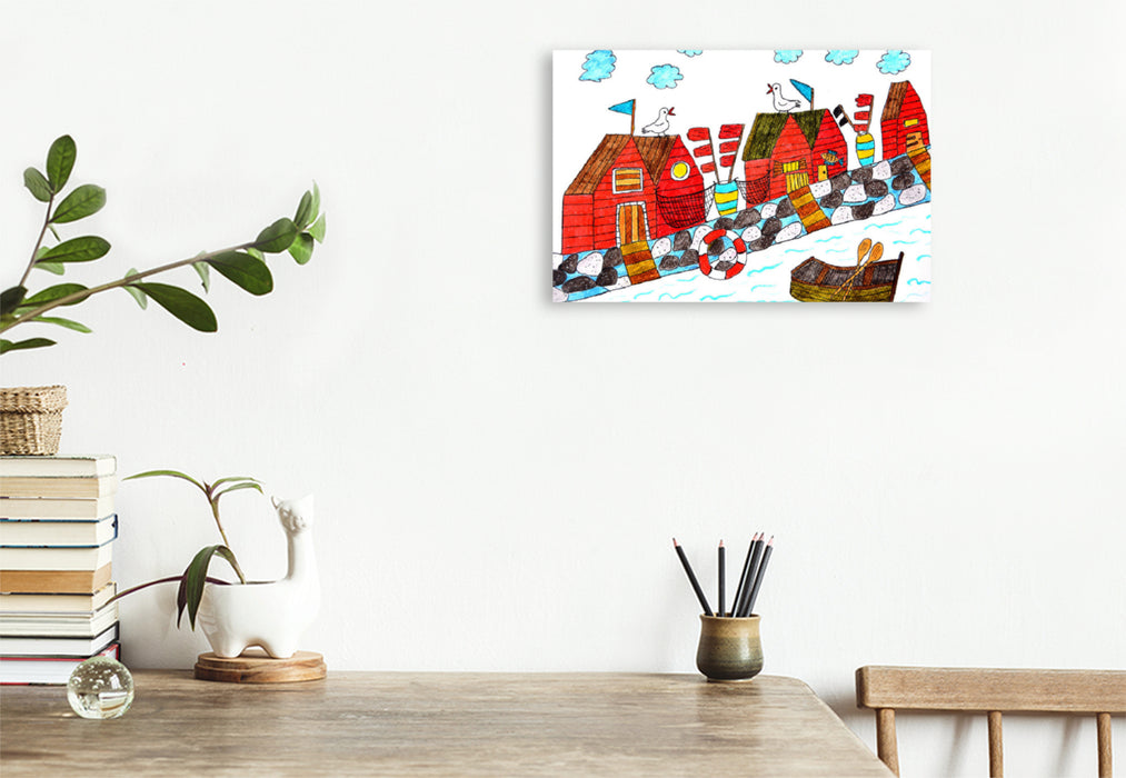 Premium textile canvas Premium textile canvas 120 cm x 80 cm landscape Red fishing huts 