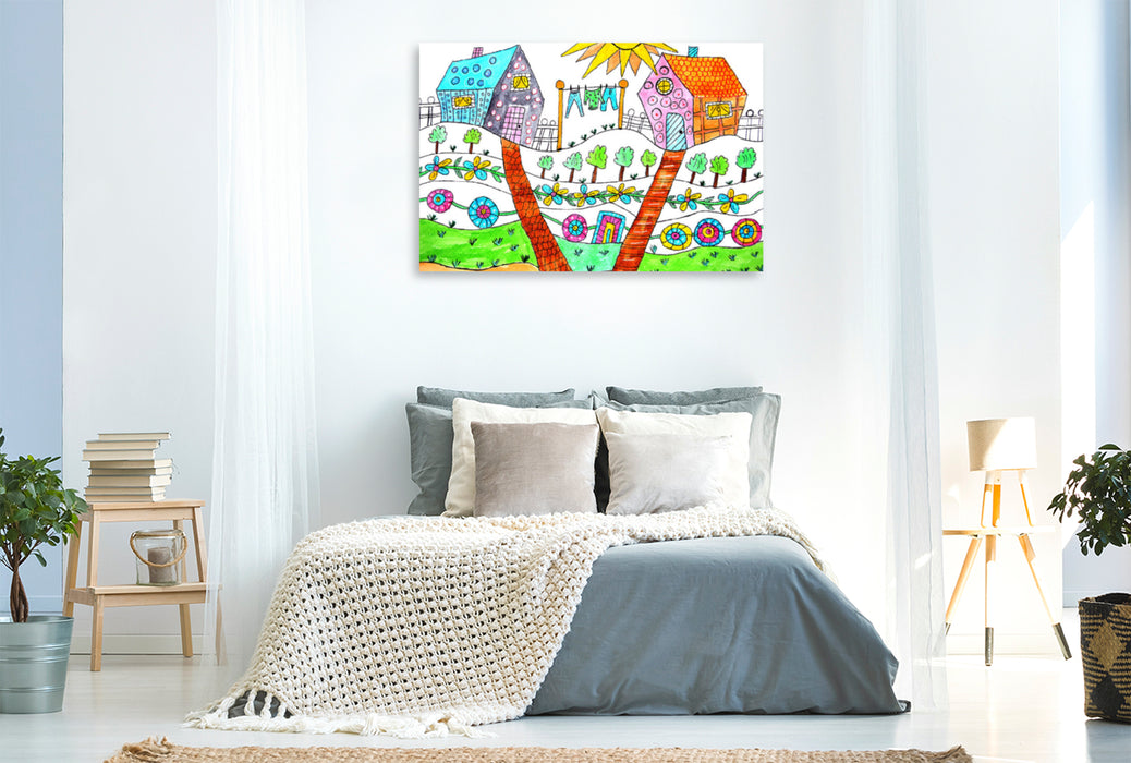Premium textile canvas Premium textile canvas 120 cm x 80 cm landscape Two colorful houses 