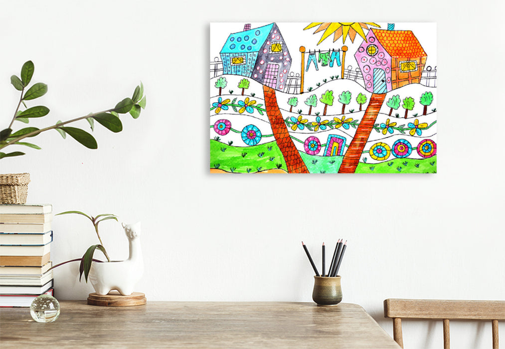 Premium textile canvas Premium textile canvas 120 cm x 80 cm landscape Two colorful houses 