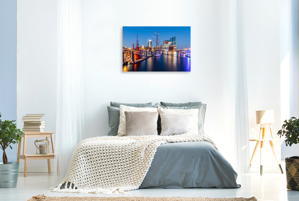 Premium Textil-Leinwand Premium Textil-Leinwand 120 cm x 80 cm quer Ausflugsboote und die Elbphilharmonie in der HafenCity in Hamburg bei Nacht.