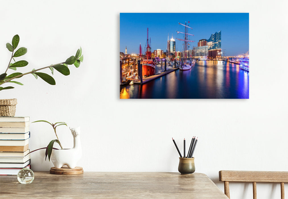 Premium Textil-Leinwand Premium Textil-Leinwand 120 cm x 80 cm quer Ausflugsboote und die Elbphilharmonie in der HafenCity in Hamburg bei Nacht.