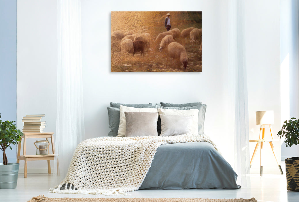 Premium textile canvas Premium textile canvas 120 cm x 80 cm landscape shepherd and flock 