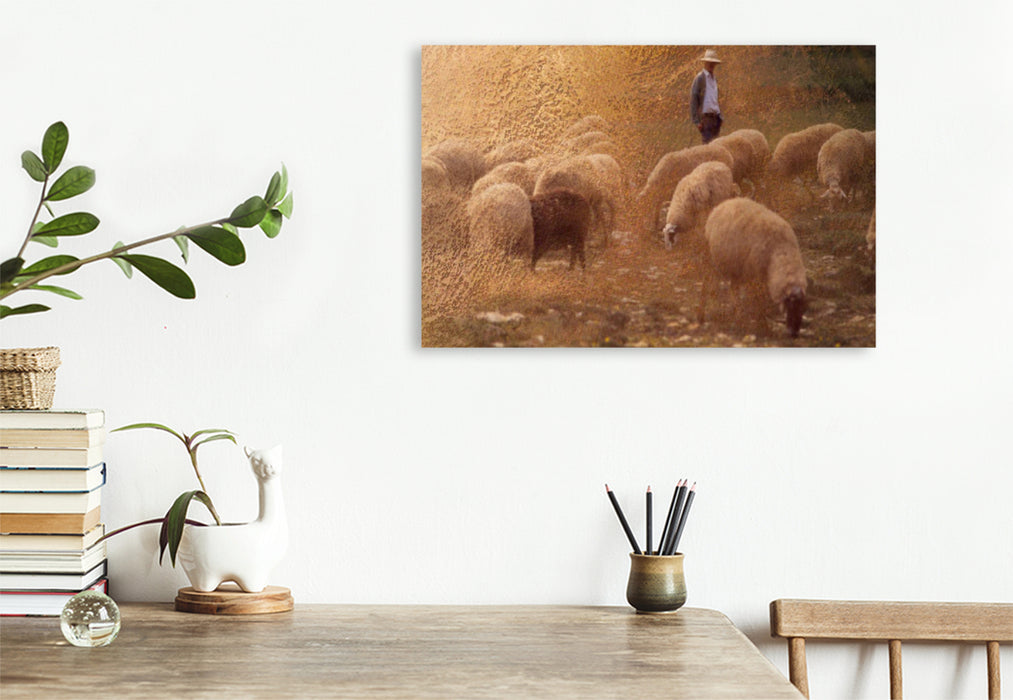 Premium textile canvas Premium textile canvas 120 cm x 80 cm landscape shepherd and flock 