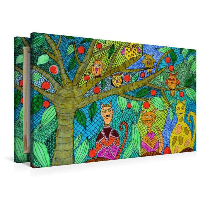 Premium Textil-Leinwand Katzen und Eulen