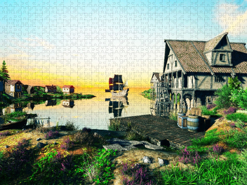 Dorf am Meer mit Segelschiff - CALVENDO Foto-Puzzle'