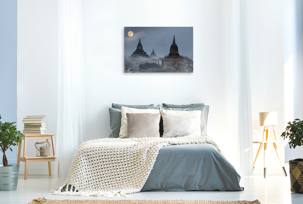 Toile textile premium Toile textile premium 120 cm x 80 cm paysage Pleine lune sur la plaine du temple de Bagan au Myanmar