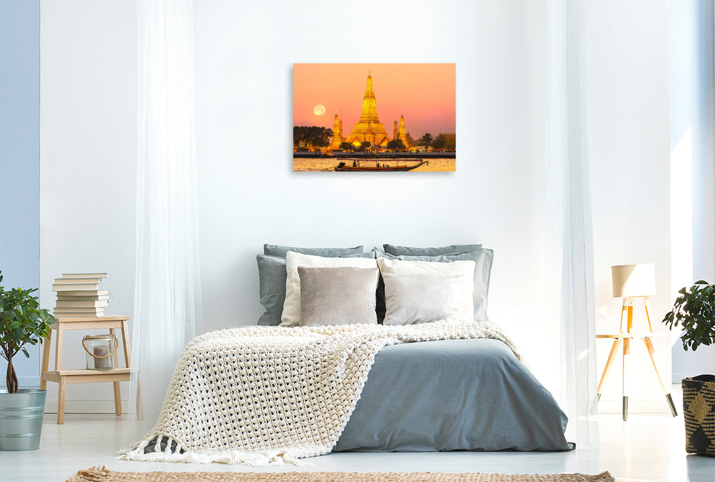 Toile textile premium Toile textile premium 120 cm x 80 cm paysage Lune montante au Wat Arun à Bangkok