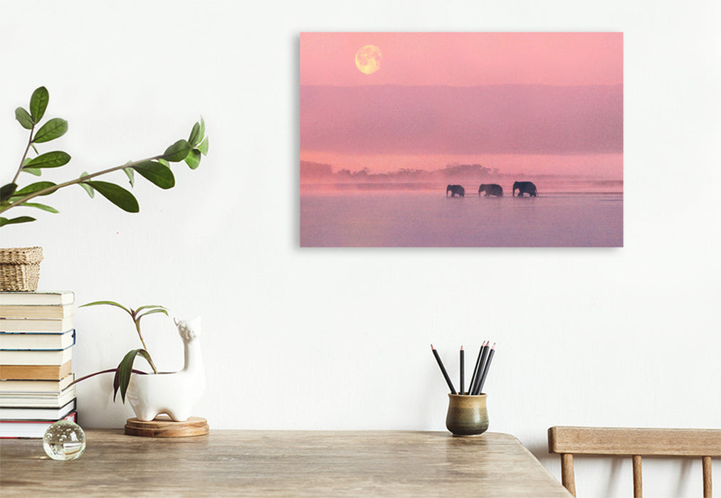 Toile textile premium Toile textile premium 120 cm x 80 cm paysage Ambiance matinale avec éléphants 
