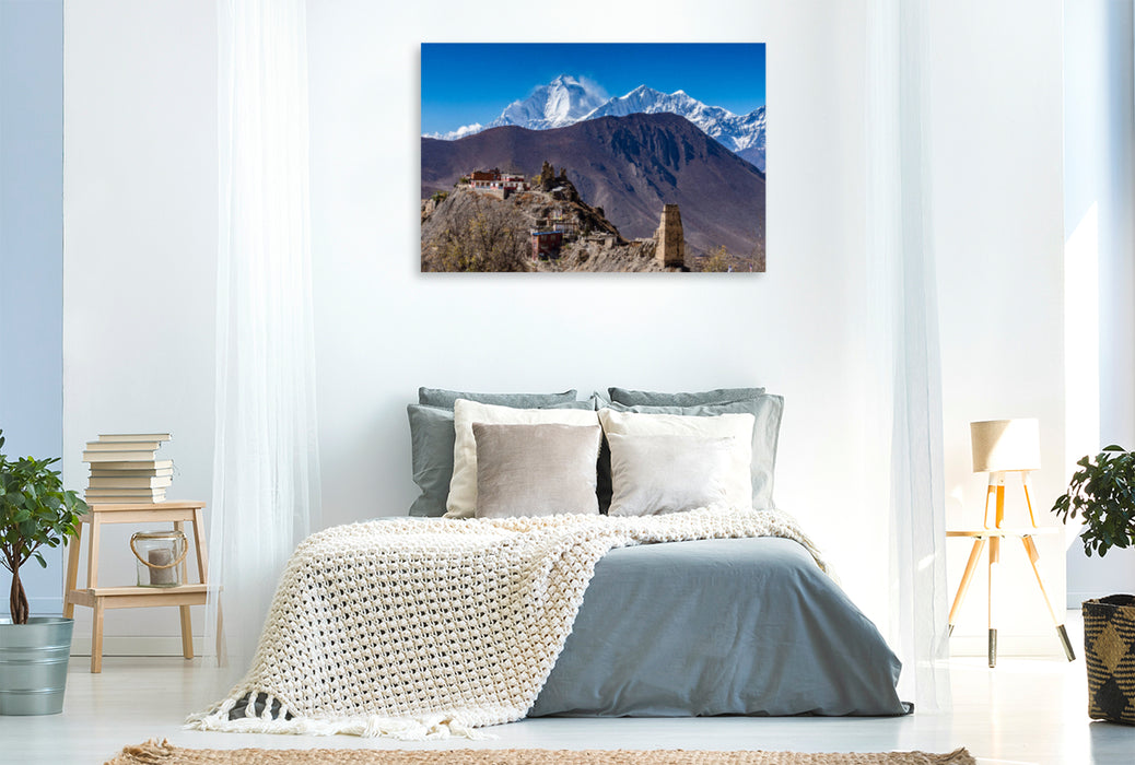 Toile textile haut de gamme Toile textile haut de gamme 120 cm x 80 cm paysage Monastère de Dzong avec Dhaulagiri 