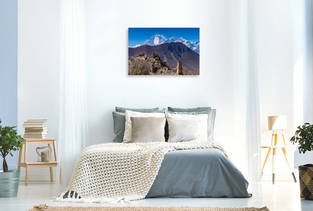 Toile textile haut de gamme Toile textile haut de gamme 120 cm x 80 cm paysage Monastère de Dzong avec Dhaulagiri 