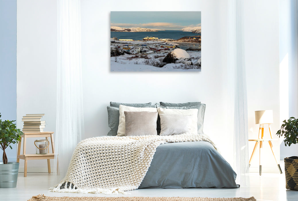 Toile textile haut de gamme Toile textile haut de gamme 120 cm x 80 cm vue paysage de Kirkenes et du Bøkfjord 