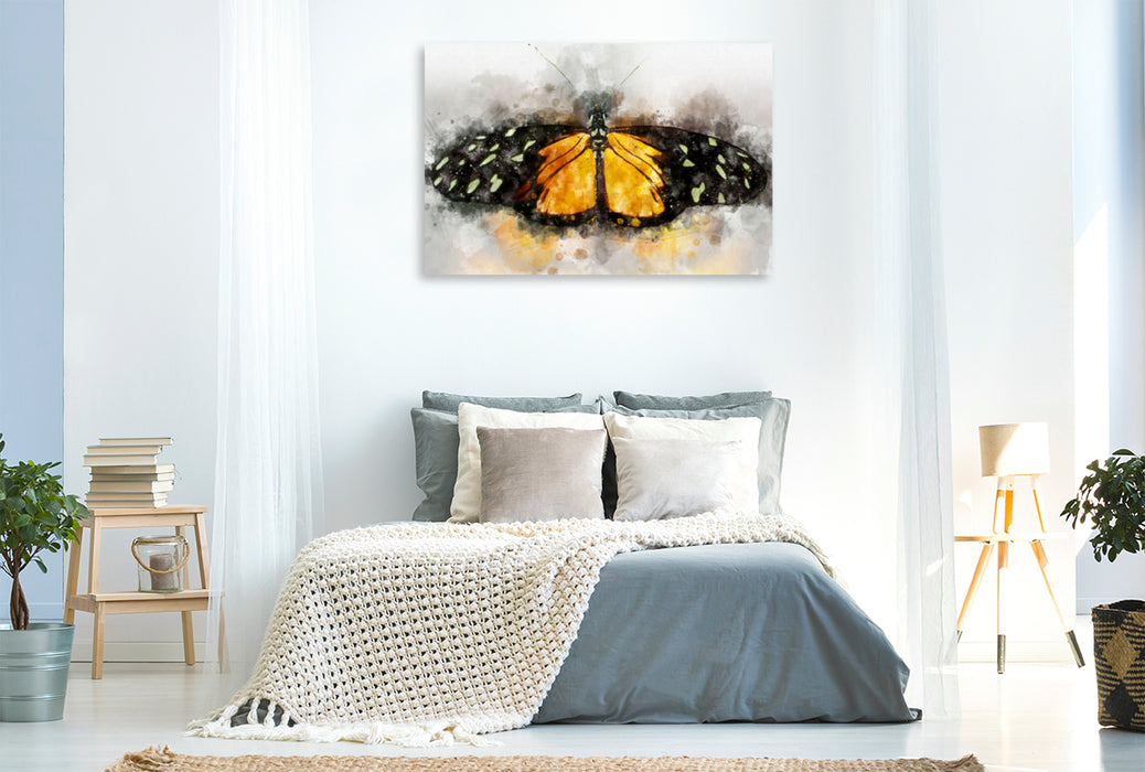 Toile textile premium Toile textile premium 120 cm x 80 cm paysage Aquarelle d'un papillon passiflore tigre 