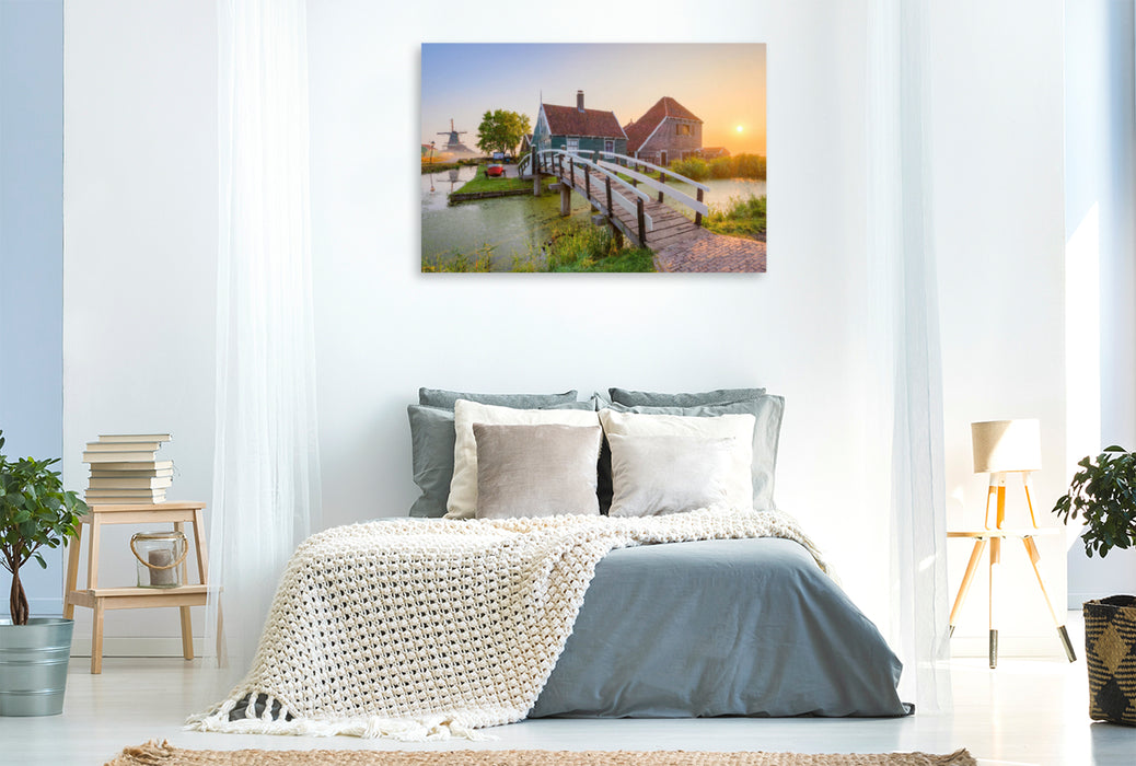 Toile textile haut de gamme Toile textile haut de gamme 120 cm x 80 cm paysage Lever de soleil à Zaanse Schans en Hollande 