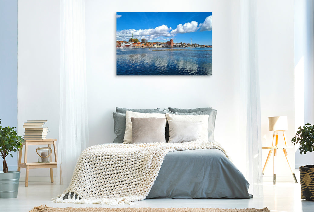 Premium textile canvas Premium textile canvas 120 cm x 80 cm across harbor in Kappeln with herring fences 
