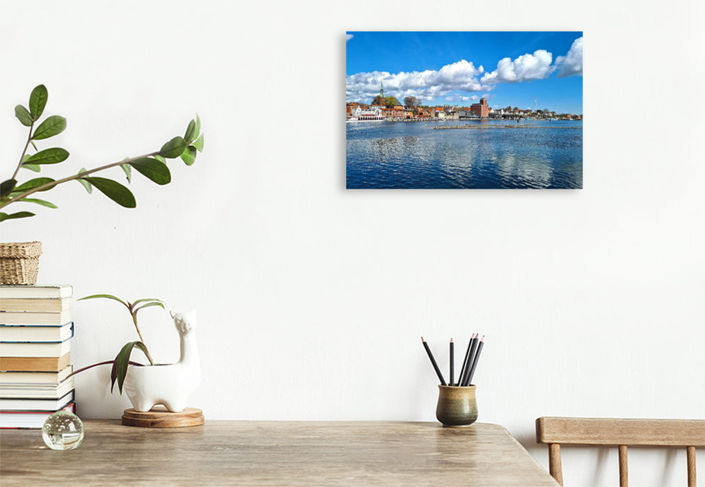 Premium textile canvas Premium textile canvas 120 cm x 80 cm across harbor in Kappeln with herring fences 