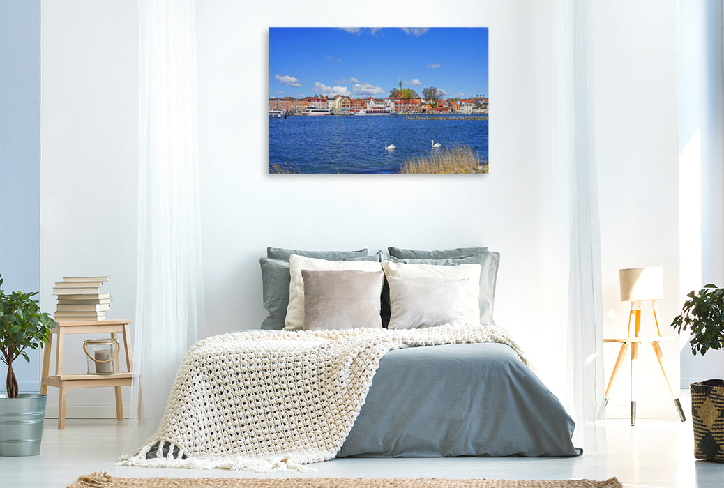 Premium textile canvas Premium textile canvas 120 cm x 80 cm across harbor in Kappeln with herring fences and swans 