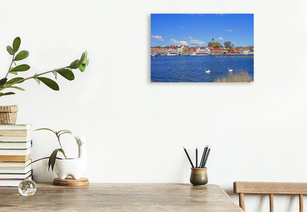 Premium textile canvas Premium textile canvas 120 cm x 80 cm across harbor in Kappeln with herring fences and swans 