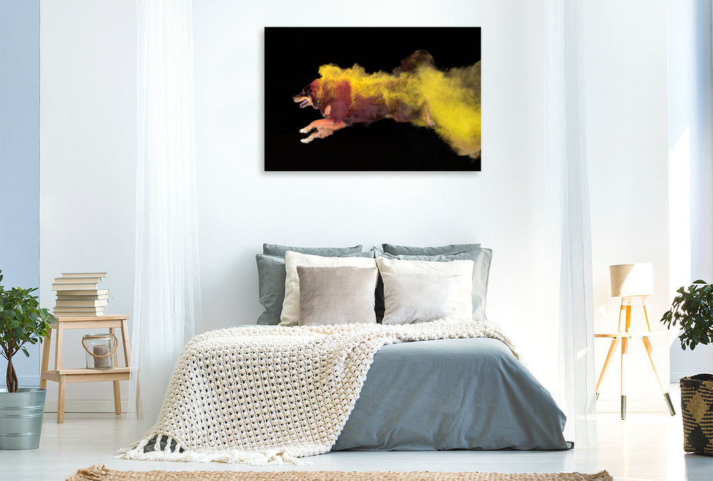 Premium textile canvas Premium textile canvas 120 cm x 80 cm landscape Mixed breed jumping 