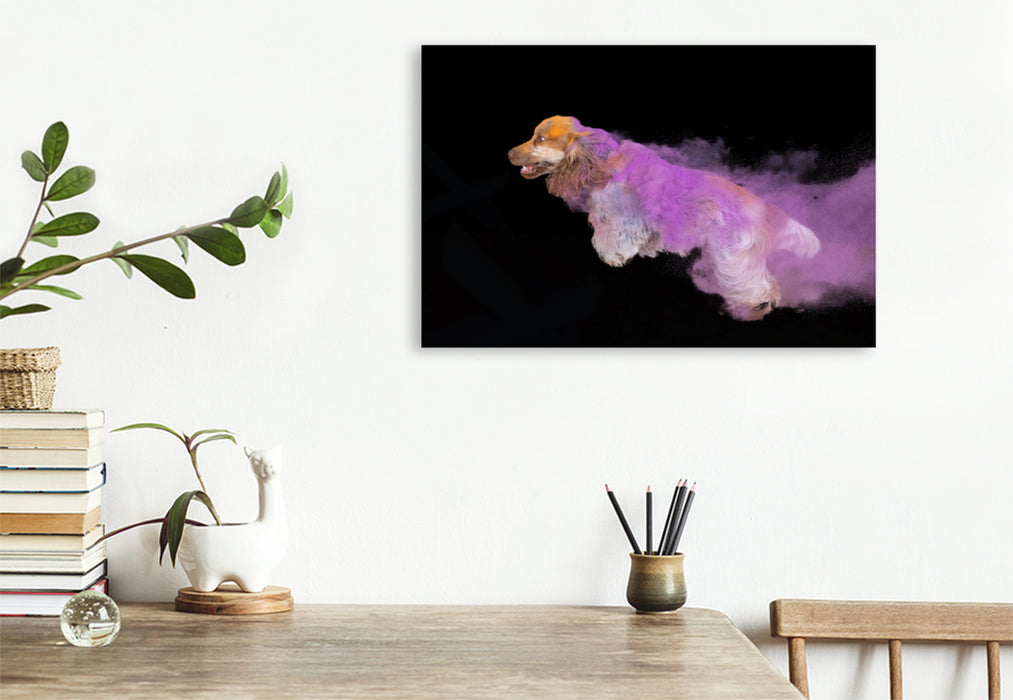 Premium textile canvas Premium textile canvas 120 cm x 80 cm landscape Cocker Spaniel puppy jumping 