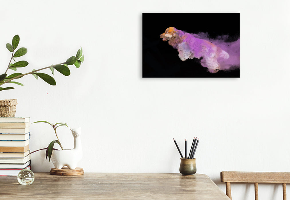 Premium textile canvas Premium textile canvas 120 cm x 80 cm landscape Cocker Spaniel puppy jumping 