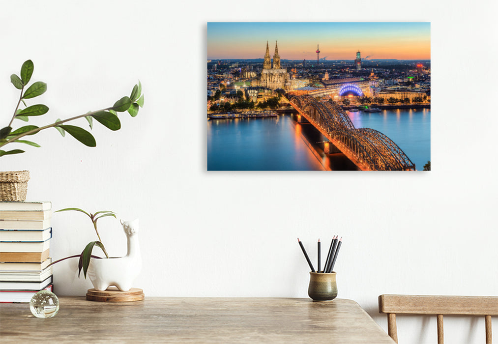 Premium textile canvas Premium textile canvas 120 cm x 80 cm landscape Cologne in the evening 