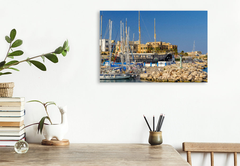 Premium textile canvas Premium textile canvas 120 cm x 80 cm across sailing boats in the Msida Yacht Marina 