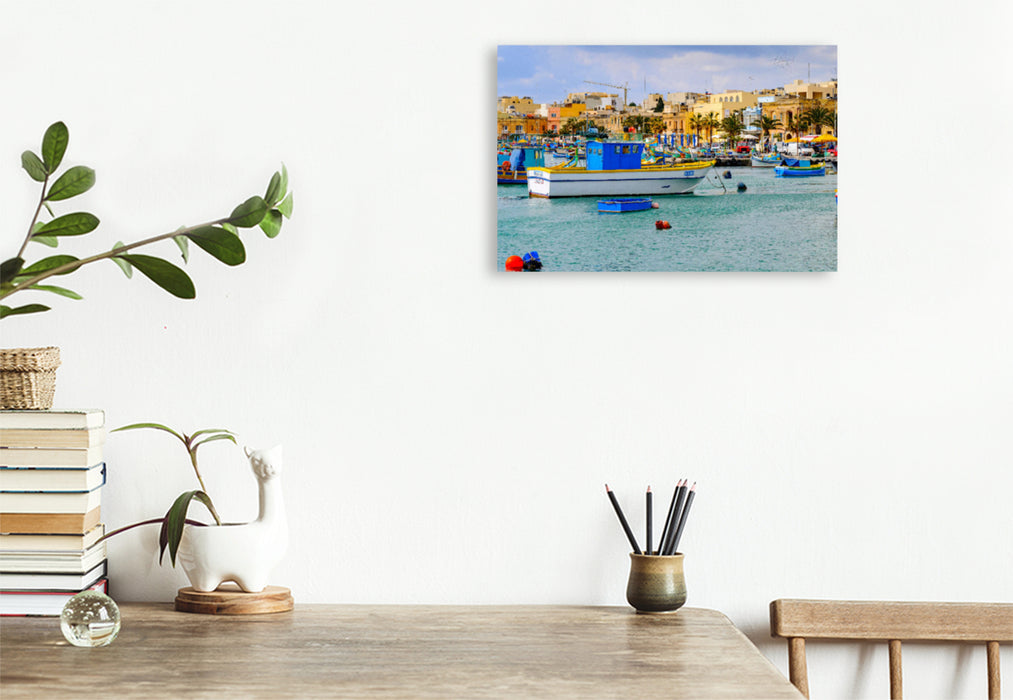 Premium textile canvas Premium textile canvas 120 cm x 80 cm landscape Traditional fishing boats in the harbor of Marsaxlokk 