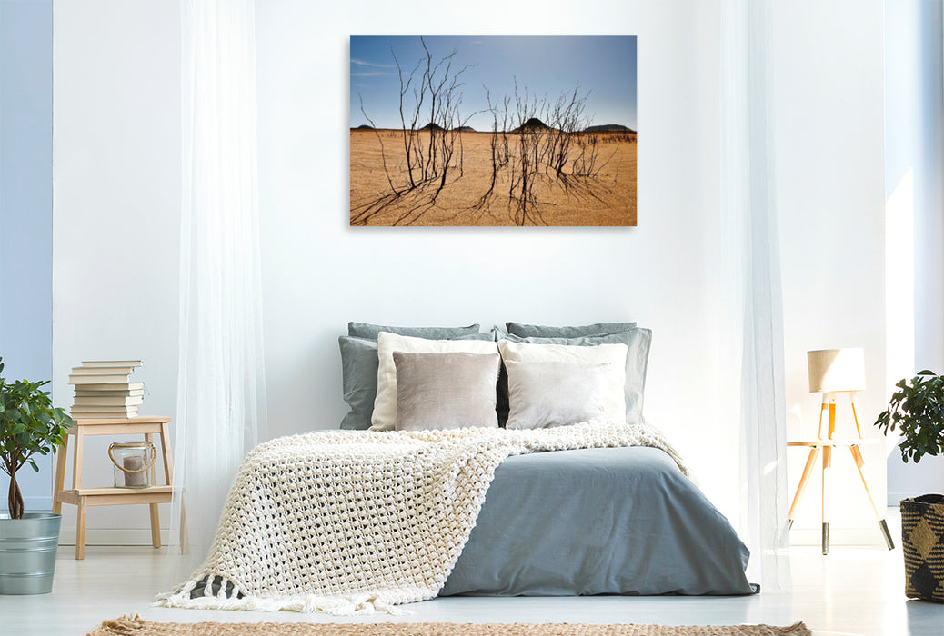 Premium textile canvas Premium textile canvas 120 cm x 80 cm landscape Dry bushes in the black desert near the Bahariya oasis 