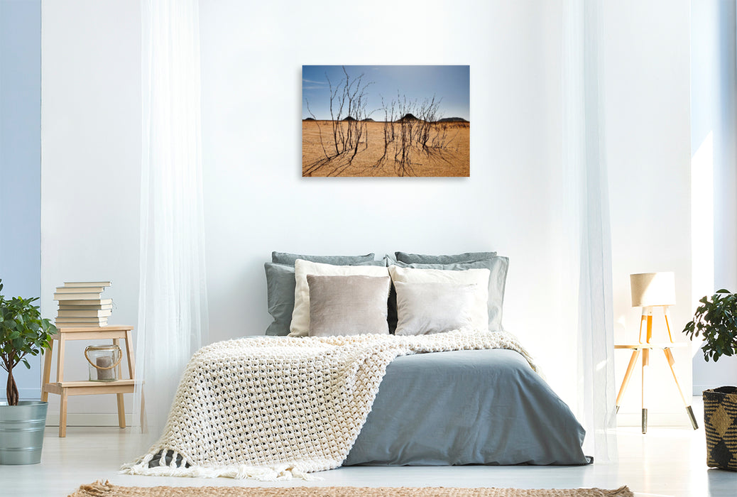 Premium textile canvas Premium textile canvas 120 cm x 80 cm landscape Dry bushes in the black desert near the Bahariya oasis 