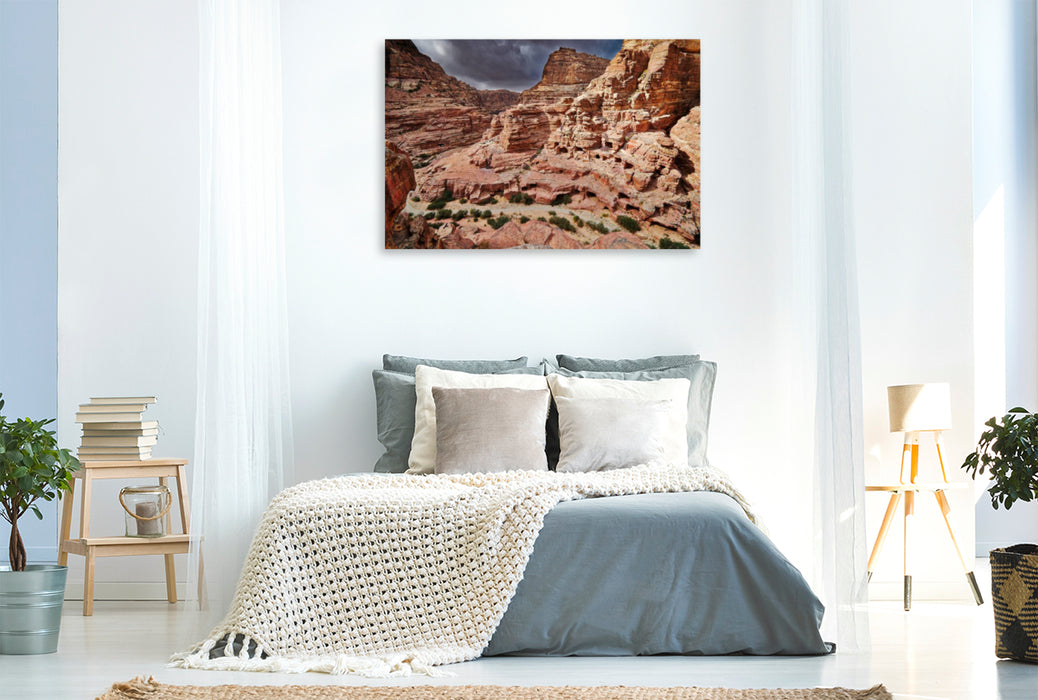 Premium textile canvas Premium textile canvas 120 cm x 80 cm across simple cave graves in a rocky landscape 