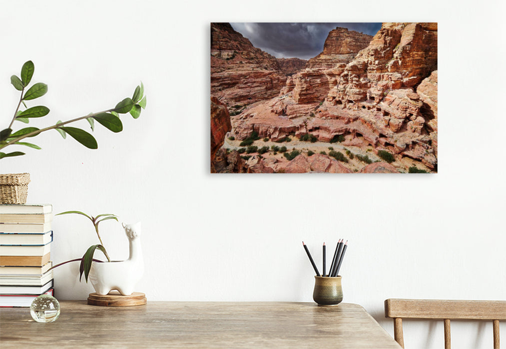 Premium textile canvas Premium textile canvas 120 cm x 80 cm across simple cave graves in a rocky landscape 