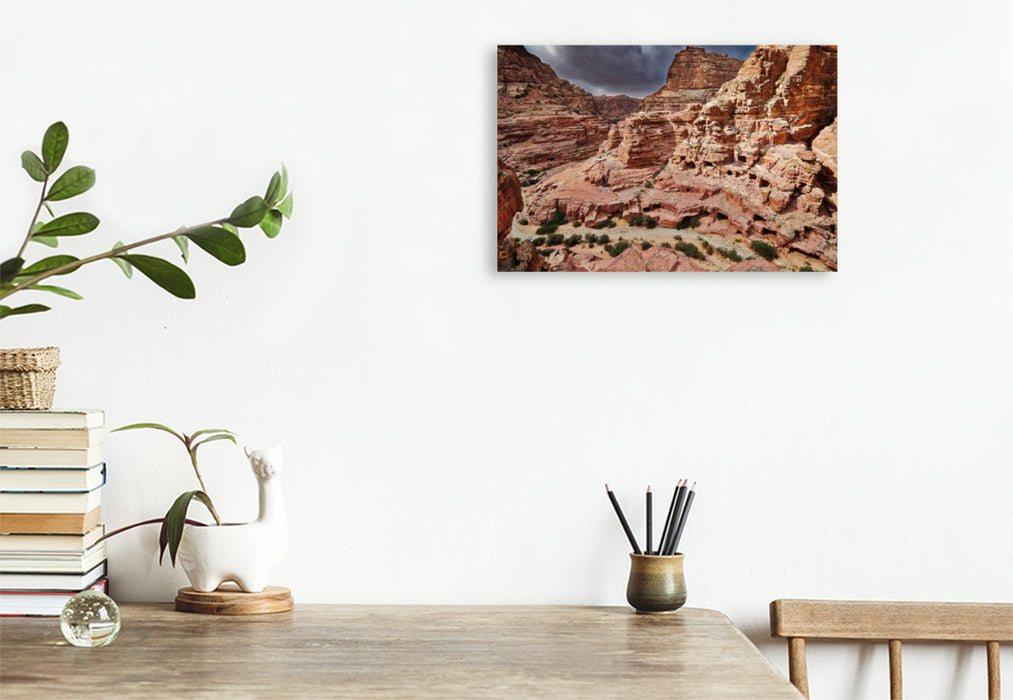 Premium textile canvas Premium textile canvas 120 cm x 80 cm across simple cave graves in a rocky landscape 