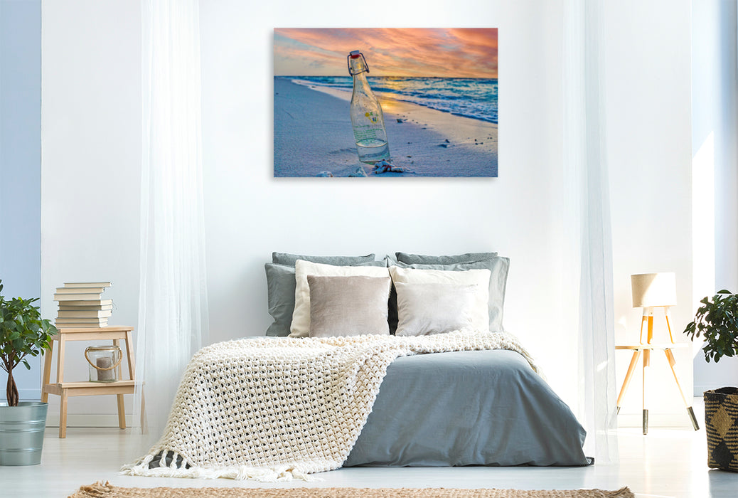 Premium textile canvas Premium textile canvas 120 cm x 80 cm landscape Bottle on the beach 