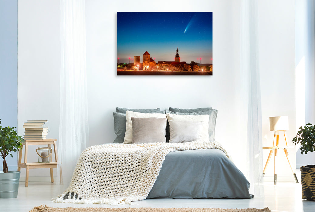 Premium textile canvas Premium textile canvas 120 cm x 80 cm landscape Querfurt Castle with comet 