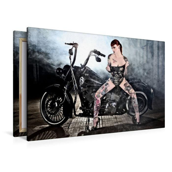 Premium Textil-Leinwand Premium Textil-Leinwand 120 cm x 80 cm quer FLSTN Softail Deluxe Bj.05 mit Wildcat_Ink Sexy