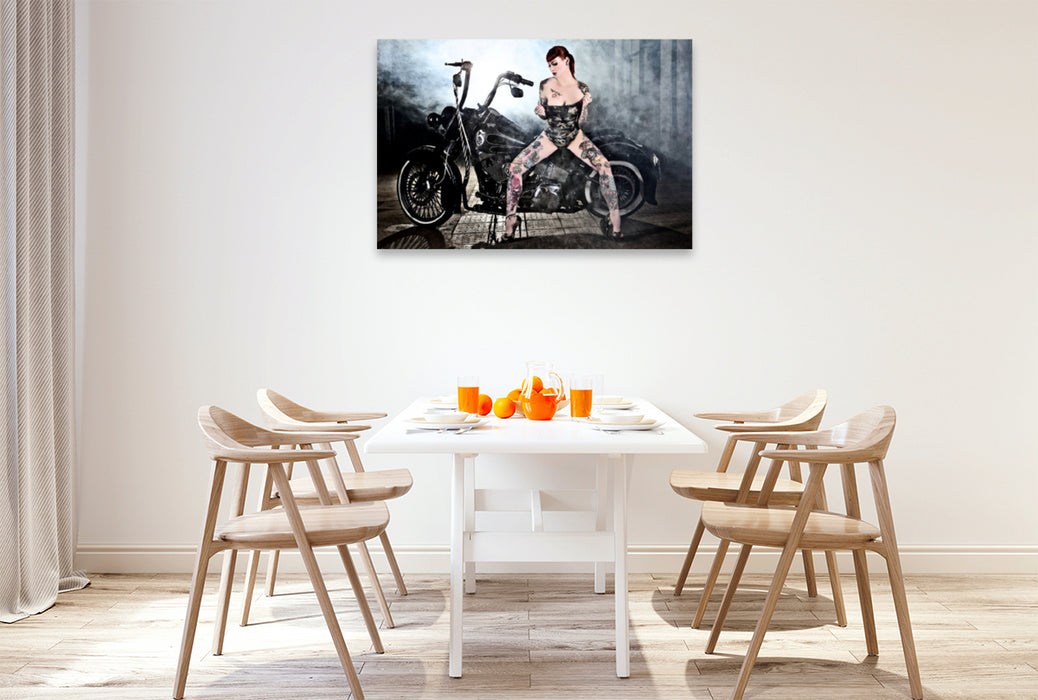 Premium Textil-Leinwand Premium Textil-Leinwand 120 cm x 80 cm quer FLSTN Softail Deluxe Bj.05 mit Wildcat_Ink Sexy
