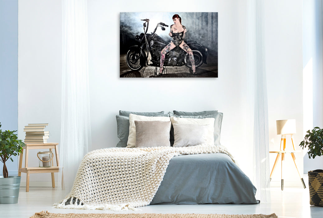 Premium textile canvas Premium textile canvas 120 cm x 80 cm landscape FLSTN Softail Deluxe Bj.05 with Wildcat_Ink Sexy 