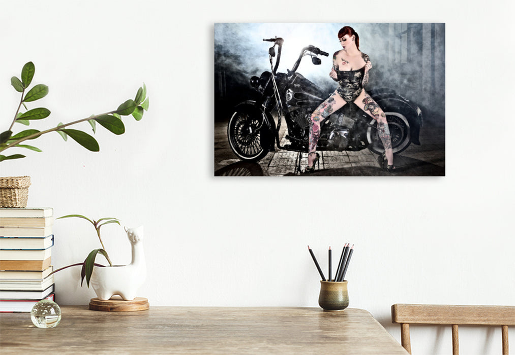 Premium textile canvas Premium textile canvas 120 cm x 80 cm landscape FLSTN Softail Deluxe Bj.05 with Wildcat_Ink Sexy 