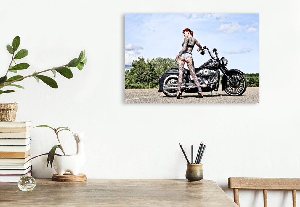 Premium textile canvas Premium textile canvas 120 cm x 80 cm landscape FLSTN Softail Deluxe Bj.05 with Wildcat_Ink Outdoor 