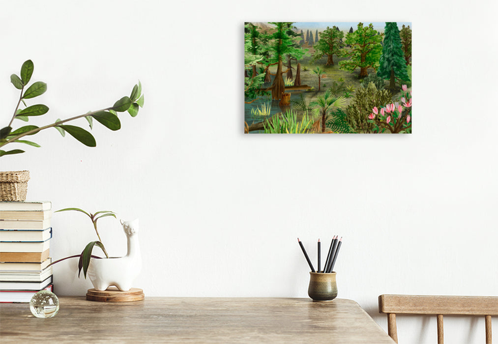 Premium textile canvas Premium textile canvas 120 cm x 80 cm landscape Tertiary geological era, life in the forest 